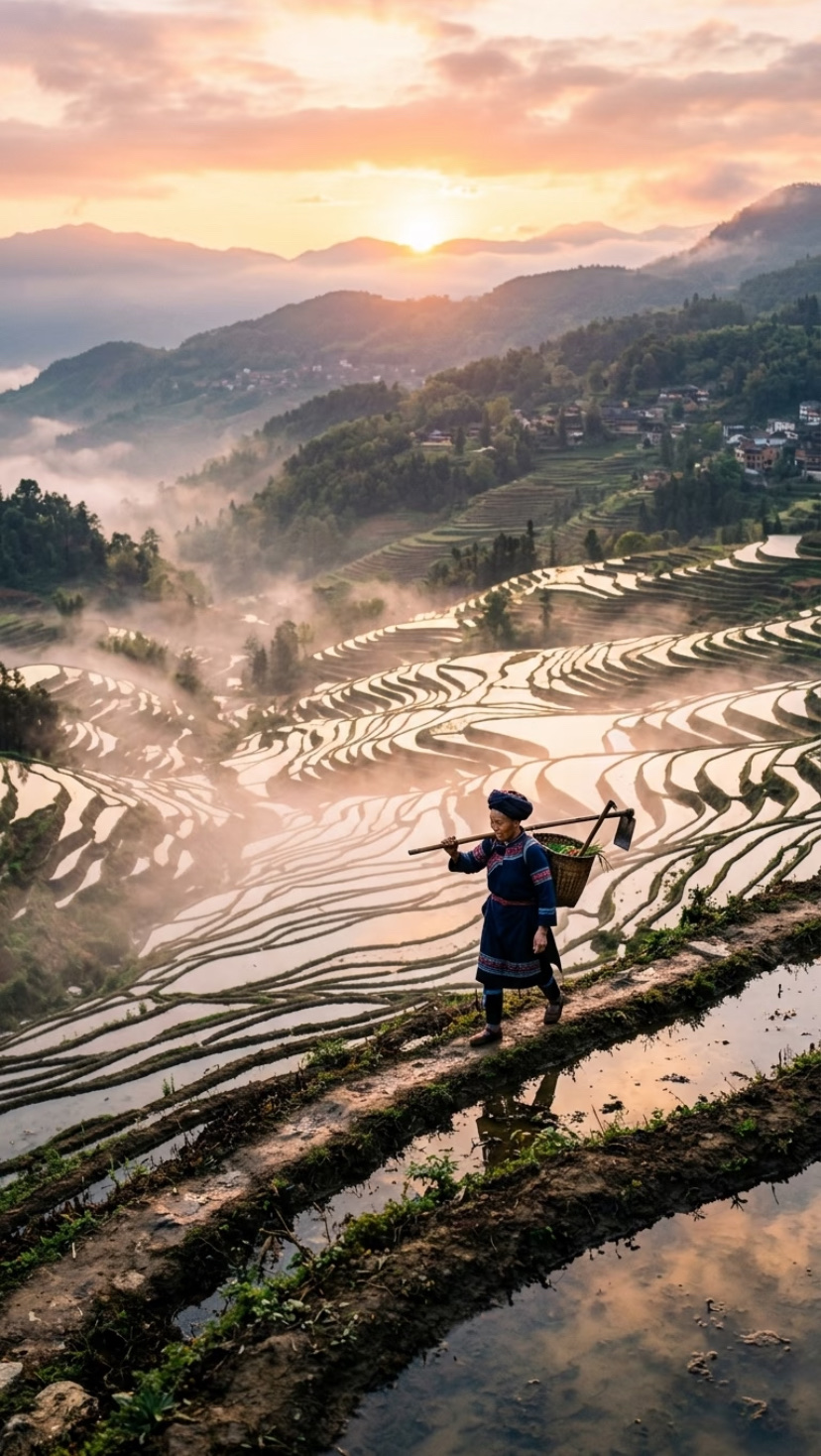 A farmer crossing terraced rice fields at sunrise in Yunnan