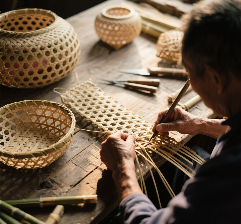 An artisan hand-weaving bamboo baskets in Nanping