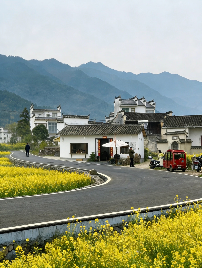 A country road winding past Bishan village and rapeseed fields