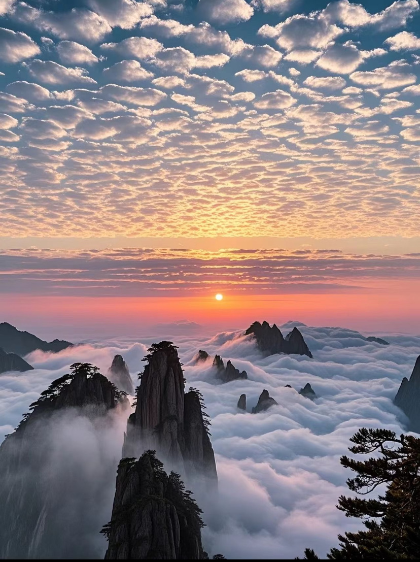 Sunrise over a sea of clouds among the peaks of Huangshan