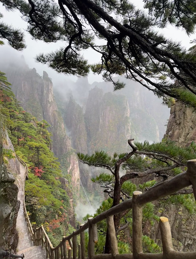 A mountaintop trail among pines and granite spires at dusk