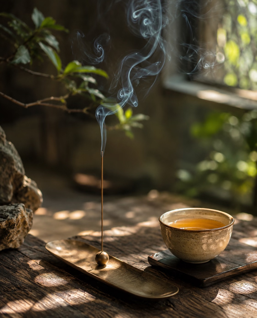 A cup of tea and rising incense on a wooden table in soft light