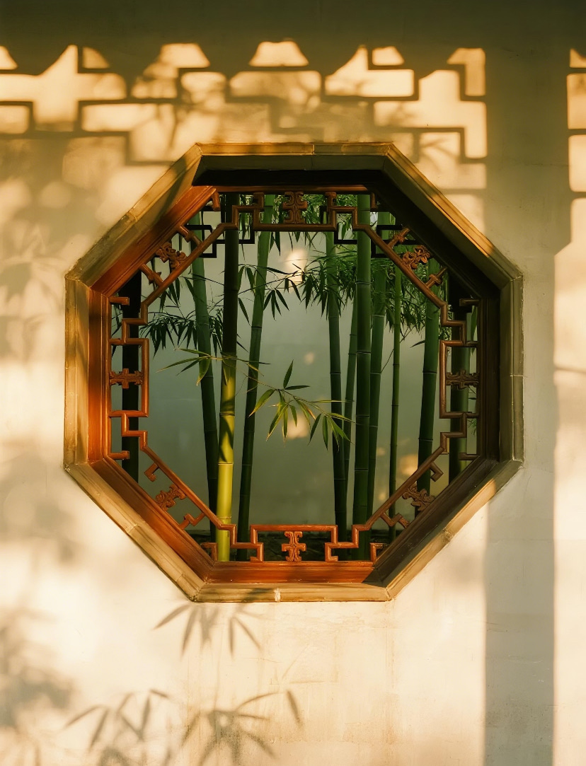 A leak window framing bamboo on a whitewashed garden wall